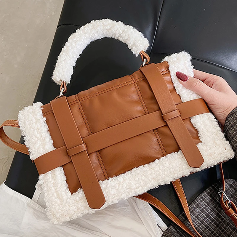 

Fashion Plush Totes Women Casual Handbag Lambswool Leather Shoulder Messenger Bags for Female 2021 Luxury Designer Ladies Purse