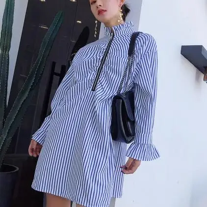 Осеннее винтажное свободное Полосатое платье-рубашка длиной до колена с