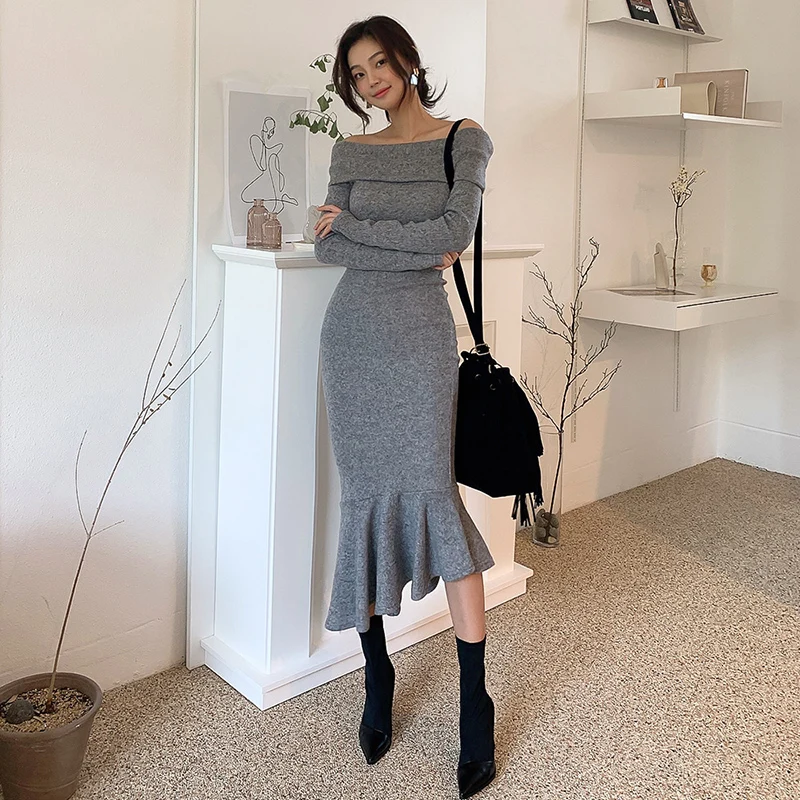 

Winter Knitted Midi Party Dress Women Long Sleeve High Waist Slim Sexy Slash Neck Gray Long Trumpet Mermaid Dress Autumn