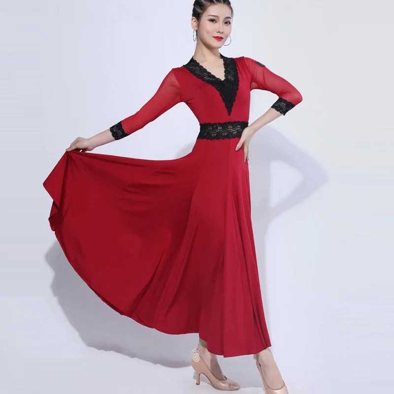 Ballroom Dance Dresses Women Sexy V-Neck Long Sleeve Standard Waltz Tango Competition Dancing Wear Stage Performing Wear DL5532