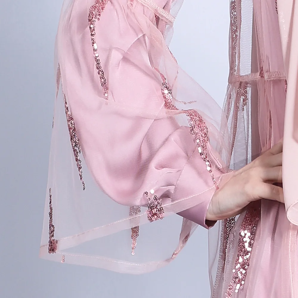 

Muslim Dress Ramadan Muslim Fashion Robe 2021 Flare Sleeve Lace-up Dress Sequined Mesh Outer Cardigan Women Open Abaya Donsignet