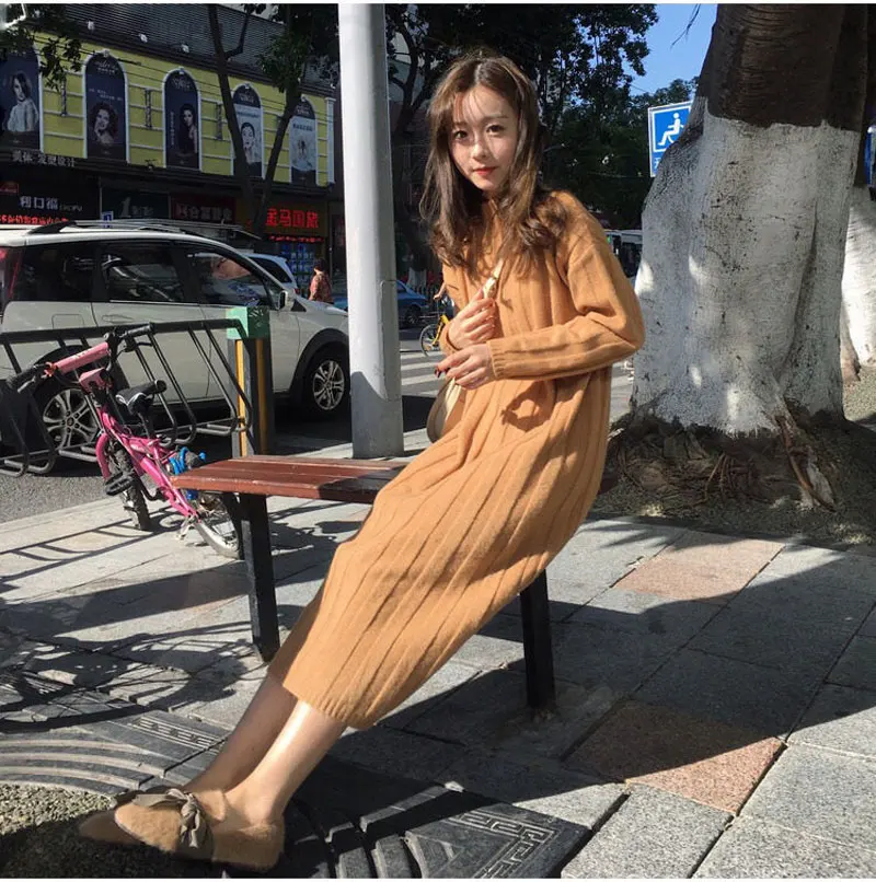 Осень Зима 2019 корейский стиль женский свитер с длинным рукавом платье размера