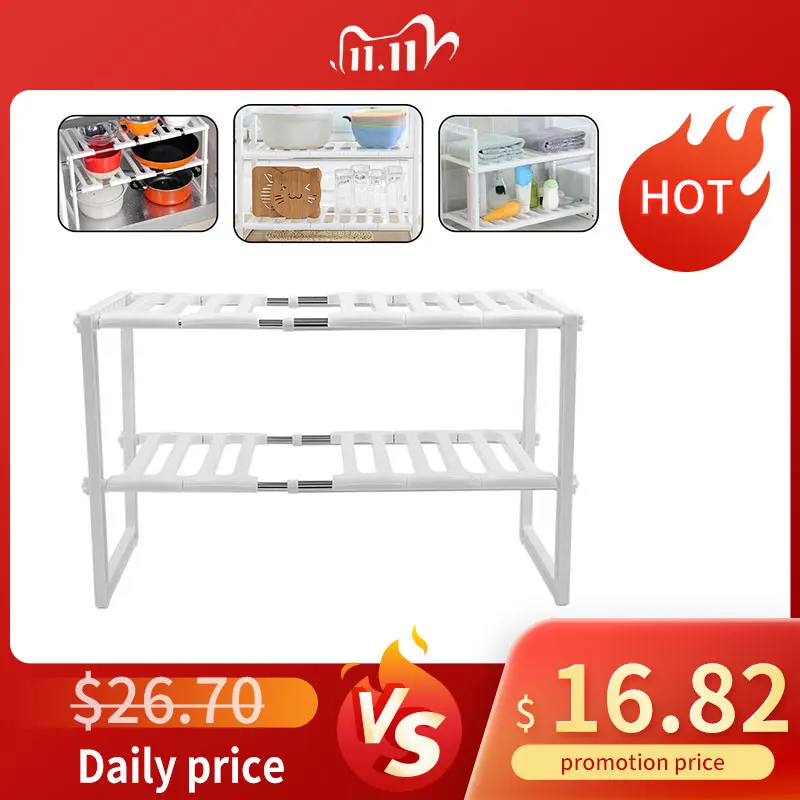 

Under Sink Storage Shelf Kitchen Organizer 2-Tier Cabinet Dish Rack Seasoning Multifunctional Telescopic Kitchenware Holder Rack