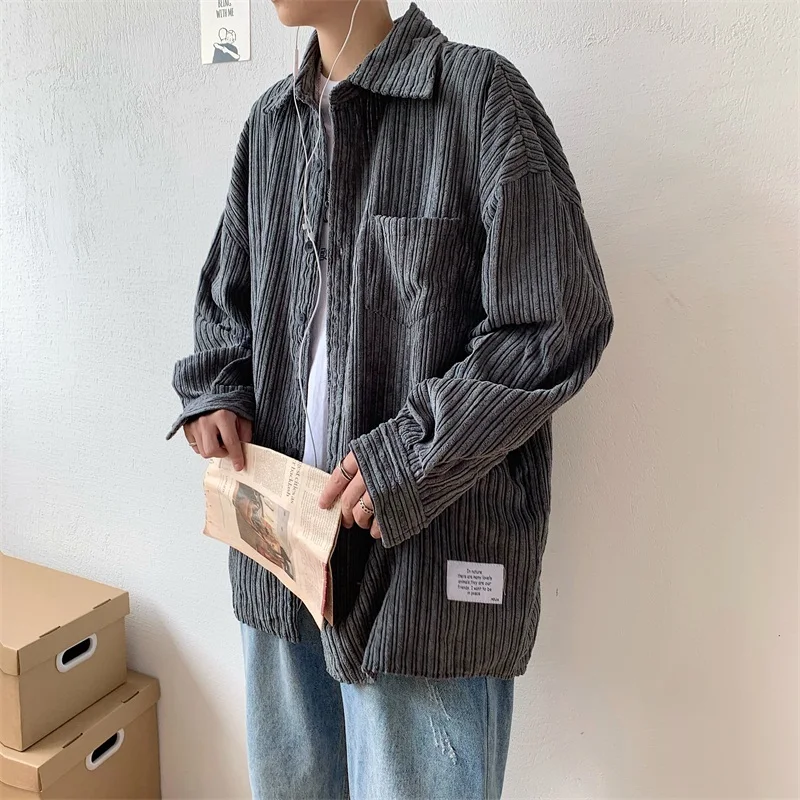 Мужская Вельветовая рубашка повседневная однотонная хлопковая в стиле ретро