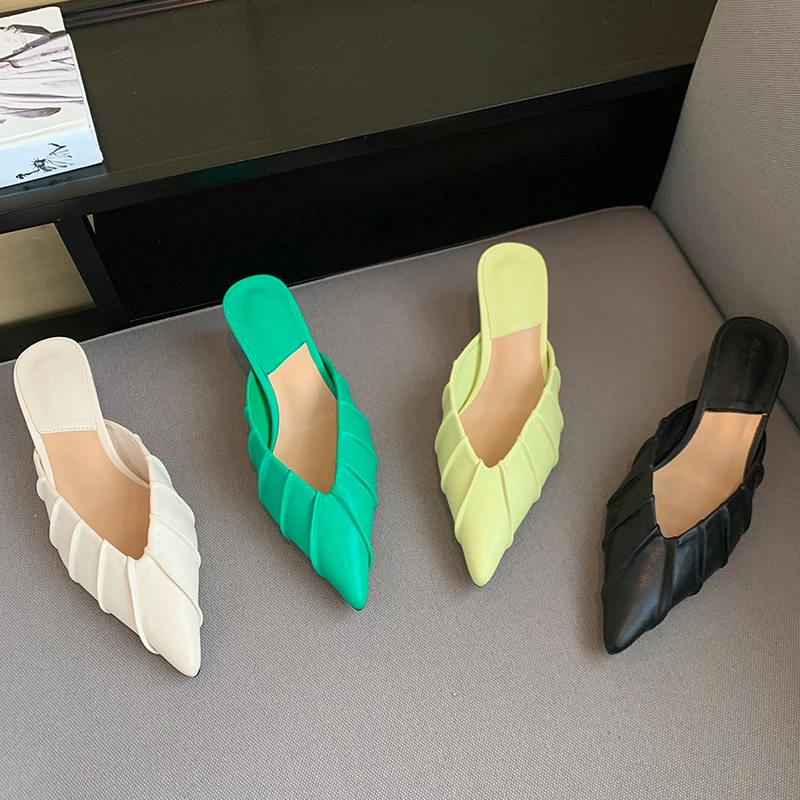 

Women Slippers 2022 Fashion Mules Thin Heels Slides Female New Pointed Toe Casual Outside Flip Flops Shoes Ladies Sandals Pumps