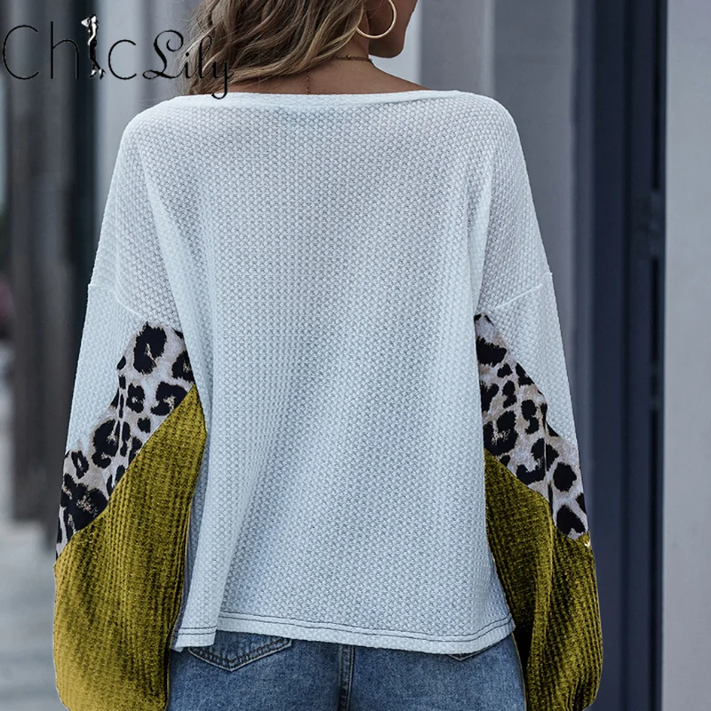 

Chiclily Long Sleeve Knitted Leopard T-shirt Women Print Contrast Stitching Shirt Round Neck Loose Casual Top