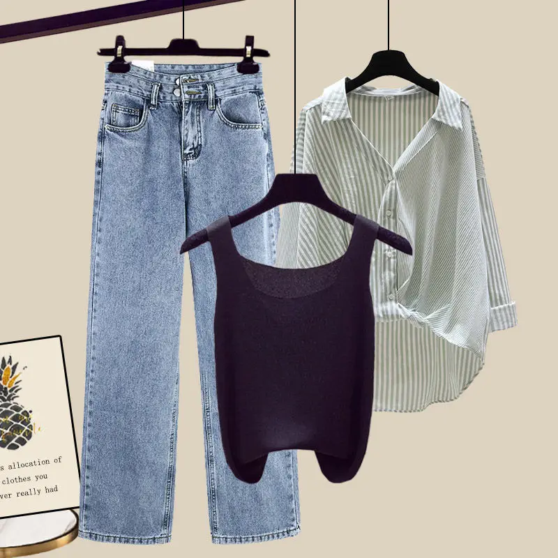 Женский костюм-тройка из блузки в полоску и джинсов с высокой талией свободный T181