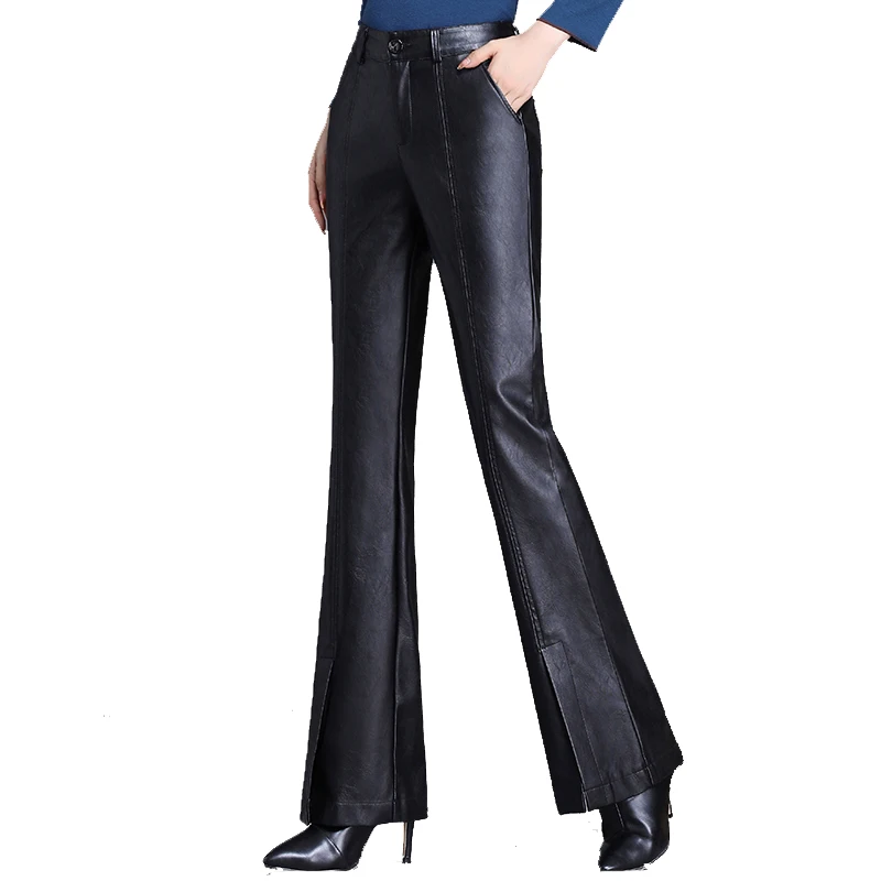 

Весенне-осенние повседневные брюки, верхняя одежда, расклешенные кожаные брюки, женские узкие брюки из искусственной кожи с высокой талией ...