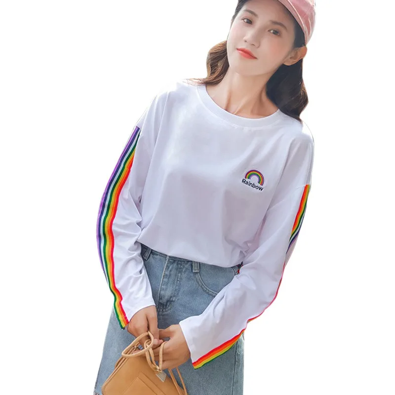 

Весенняя Милая футболка в радужную полоску в стиле Харадзюку, Повседневная Свободная футболка большого размера с длинным рукавом и круглым...
