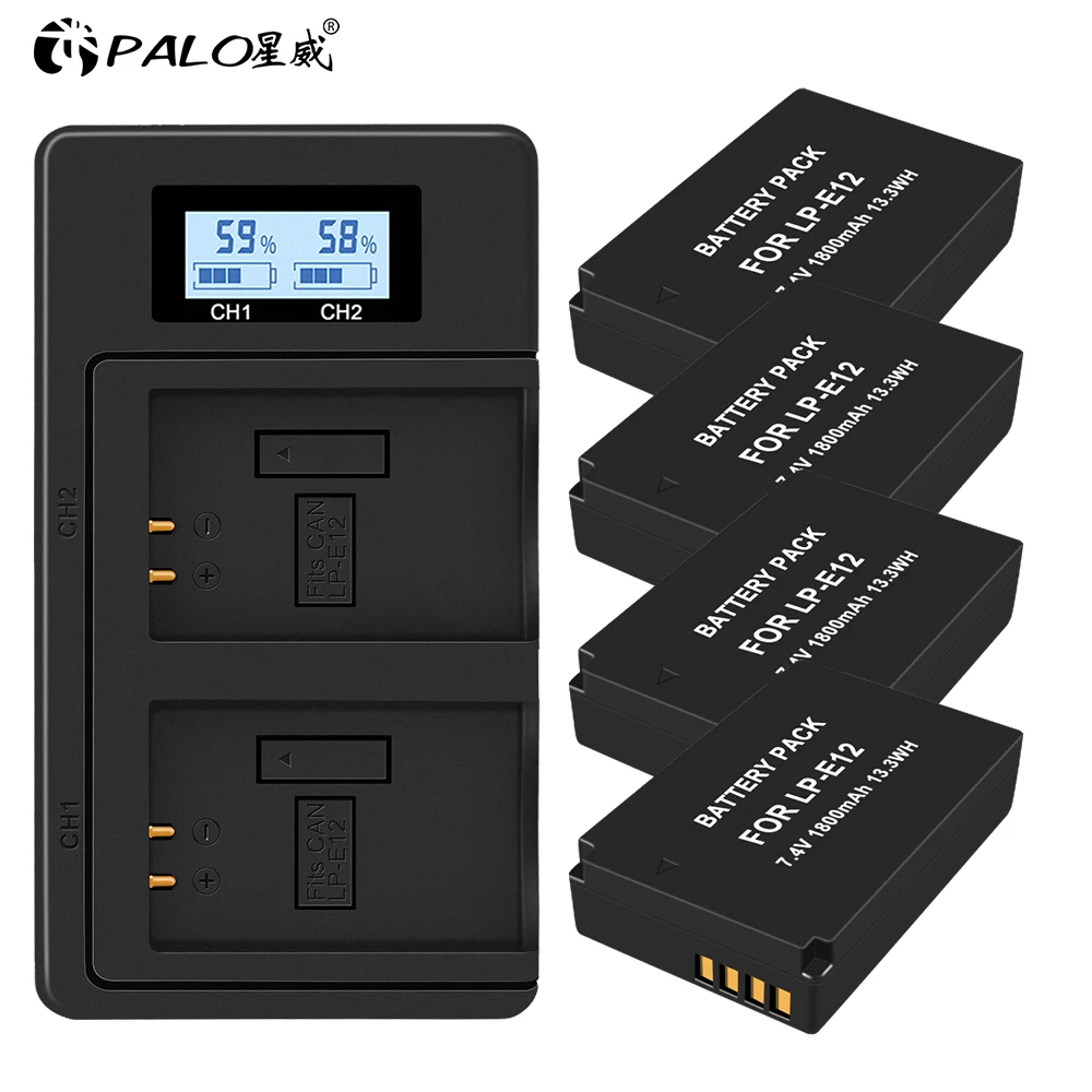 1 Charger 4 Battery PALO 3 шт. 7,4 В 1800 мАч LP-E12 LP E12 LPE12 батарея для камеры+ ЖК USB двойное зарядное устройство для Canon EOS M50 M10 M100 100D Kiss X7 Rebel SL1 - Цвет: 1 Charger 4 Battery