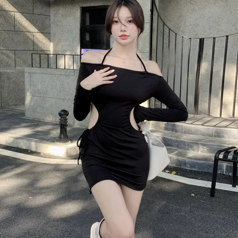 

TVVOVVIN Sexy Buttocks Hollowed Out Waist Short Slim Black Halter Neck Long Sleeve Mini Dress Autumn Korean Autumn Tops G91Z