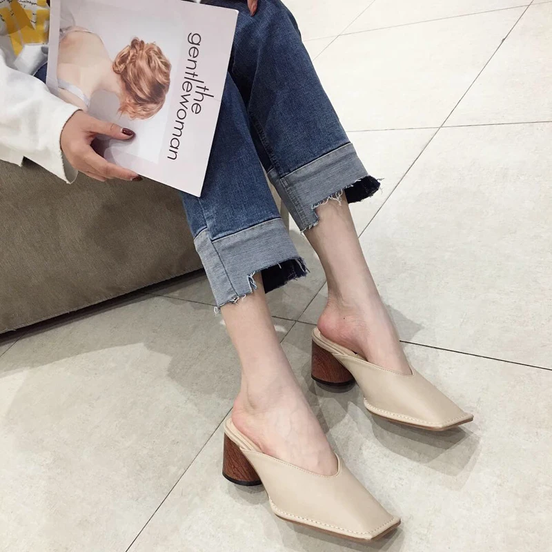 Женские шлепанцы без задника на каблуке с квадратным носком; женские шлепанцы на деревянном каблуке; женские модные шлепанцы без задника