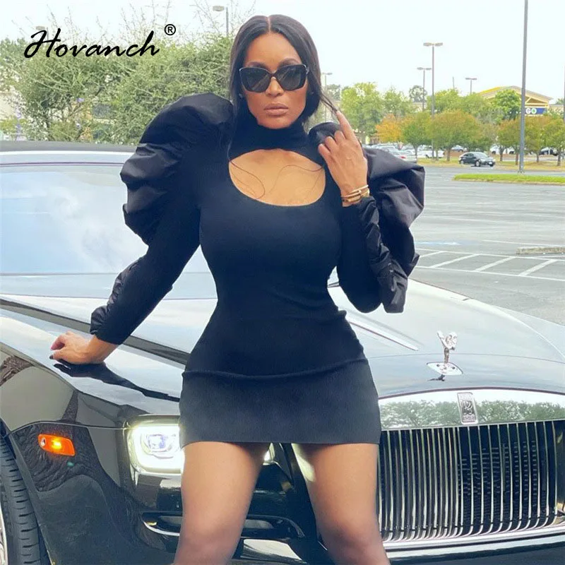 

Hovanch YK2 Laminated Ruffle Bubble Sleeve Elegant Hollow Out Cleavage Solid Color Mini Skirt 2021 Winter Fashion Club DressD
