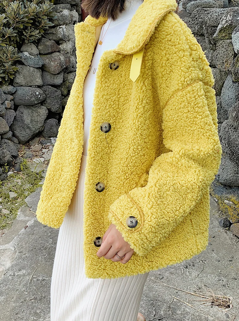 yellow Желтое толстое шерстяное пальто для женщин, зимнее теплое плюшевое пальто с длинным рукавом, синяя шерстяная куртка, уличная Женская флисовая лохматая белая верхняя одежда - Цвет: yellow