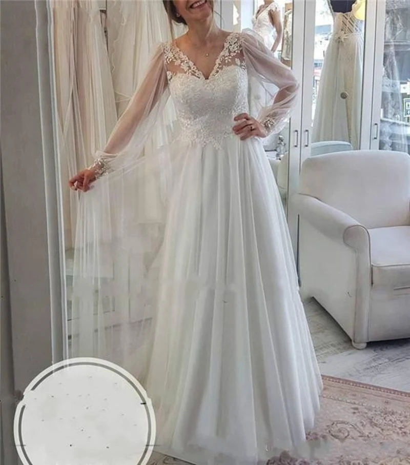 

Romantic Bohemian Wedding Dresses V Neck Tulle Long Sleeves Applique Bridal Gowns Backless Modest Summer Wedding Dress Customize