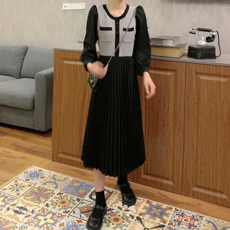 

One-Piece Ladies Knit Fake Two Dress Korean Elegant Women'S Pleated Dress 2020 Autumn Winter Women Long Sleeve Dress Midi Dress