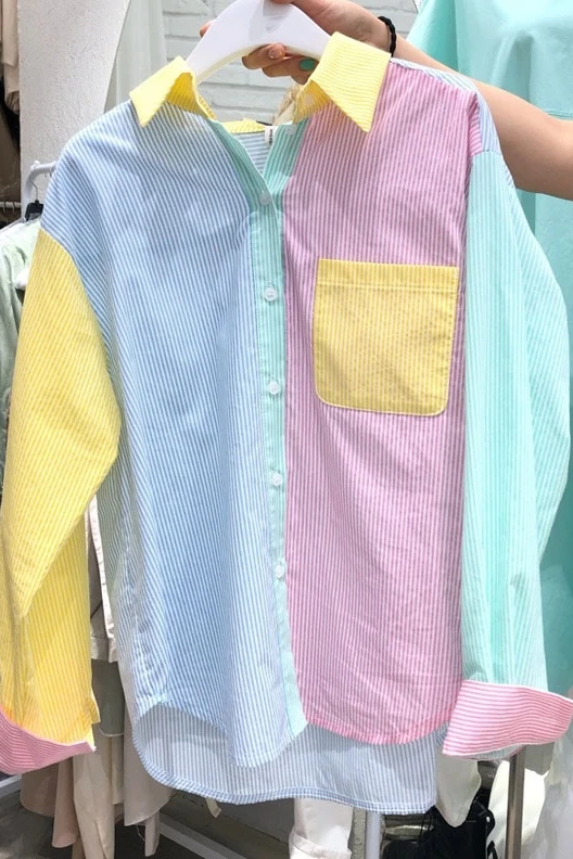 

2021 Spring New Color Contrast Patchwork Striped Long Sleeve Loose Top Casual Fashion Shirt for Women Plaid Shirt Women