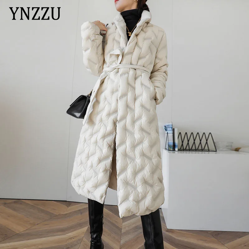 

Streetwear Women Long Down coat Winter Solid Thick warm 90% White duck down Jacket With belt Fashion Overcoat Female YNZZU 1O357