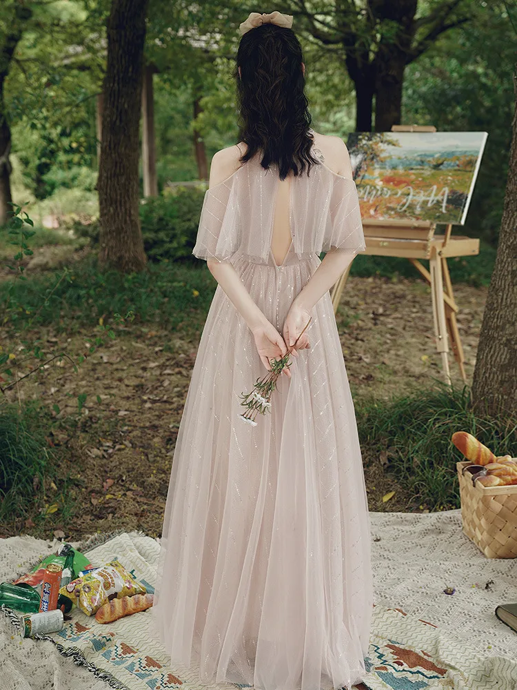 

Women Exquisite Sequins Trim Banquet Dress Sweet Dreamy Floor-Length Mesh Ball Gown Elegant Square Collar Evening Party Dresses