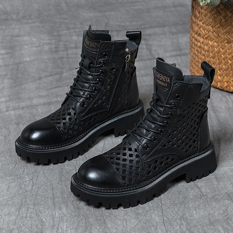 

boots women's summer thin head leather 2021 new round cut out cool boots breathable leather hole shoes