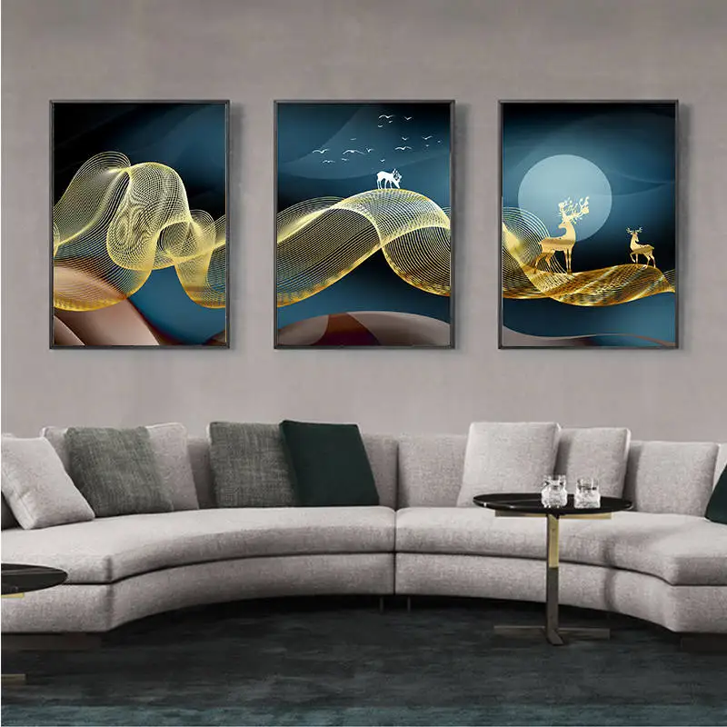 Golden Abstract Fabric Deer and Moon Blue Wall Art Canvas Painting Posters Prints Decorative Pictures for living Room Home Décor | Дом и сад