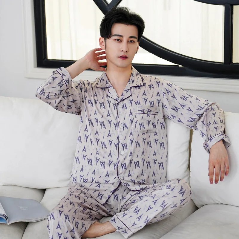 

Pajama High Quality Silk Pajama for Men Sleep Tops Trousers Two Pieces Long Sleeved Sleepwear Satin Set Plus Size Pyjamas
