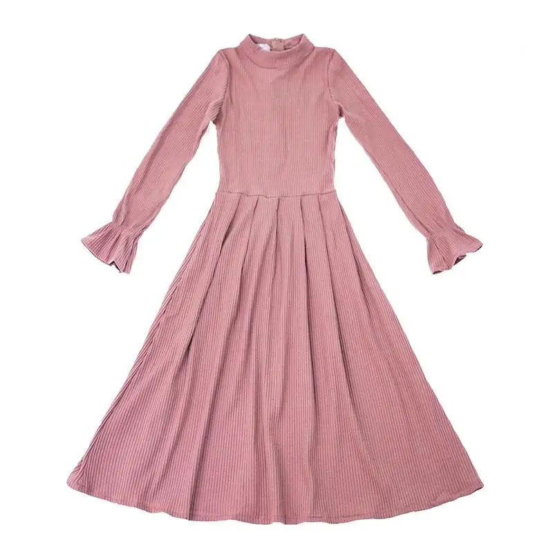 

Women 2020 Spring Autumn Long Sleeve Knitted Dress Female Slim A-Line Pleated Long O-neck Sweater Dresses Ladies Vestidos T382