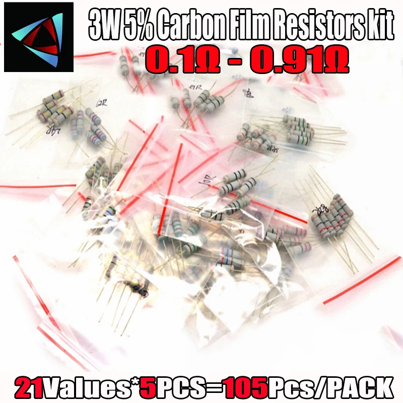 

105Pcs 3W 5% 0.1~0.91 Ohm 21 Values*5Pcs Carbon Film Resistors Metal Oxide Film Kit