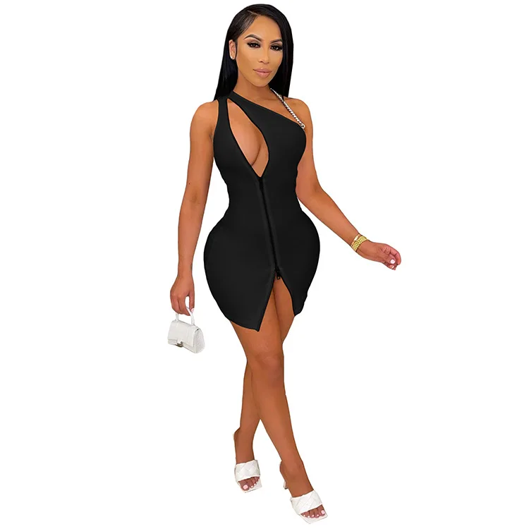 

Sexy Lady Slash Neck Women Mini Dress Solid Zipper One Shoulder Hollow Out Evening Clubwear Summer Outfit Backless Vestidos