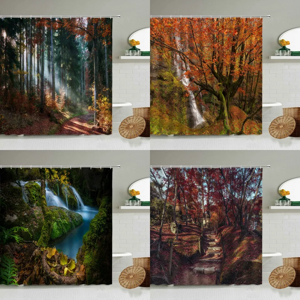 

Forest Waterfall Shower Curtain Autumn Plant Maple Leaf Natural Scenery Bathroom Accessories Toilet Screen Washable Home Decor