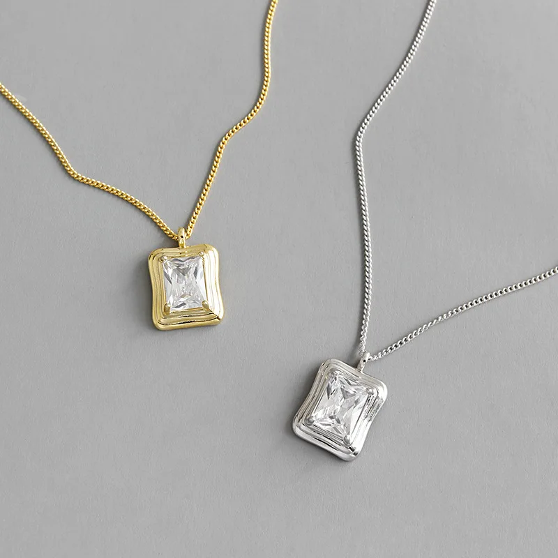 

Hot sell 100% S925 sterling silver fashion White Zircon geometric Square pendant necklace female Women Wedding Party Girl