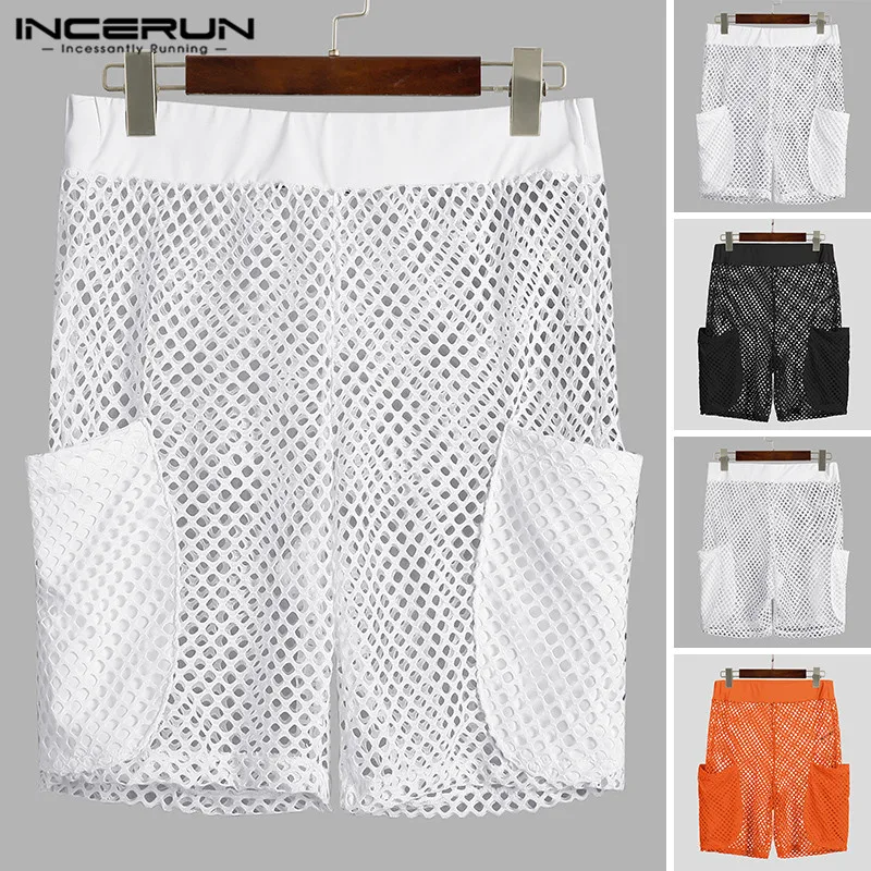 

INCERUN Fashion Solid Color Sexy Shorts Men Mesh Big Pockets Beach Bottoms Summer Grid See Through Casual Shorts Masculina 5XL 7