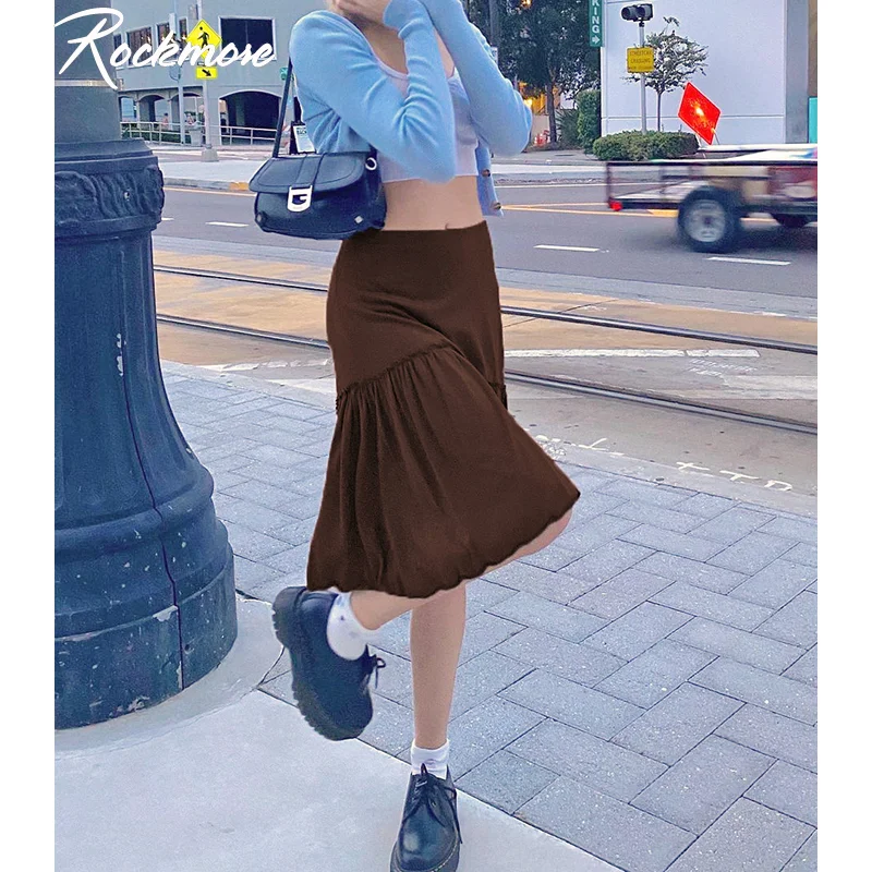 

Rockmore Brown Y2K Pleated Midi Skirt Women 90s Aesthetic High Waist A Line Long Skirts Loose Casual Female Harajuku Summer 2021