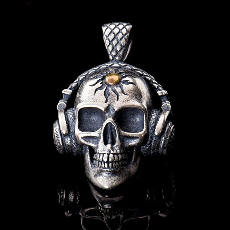 

New 100% real solid S925 pure Silver Rock Pendant for Man Music Skull Headphones Skull Thai Silver Man women Pendant Silver