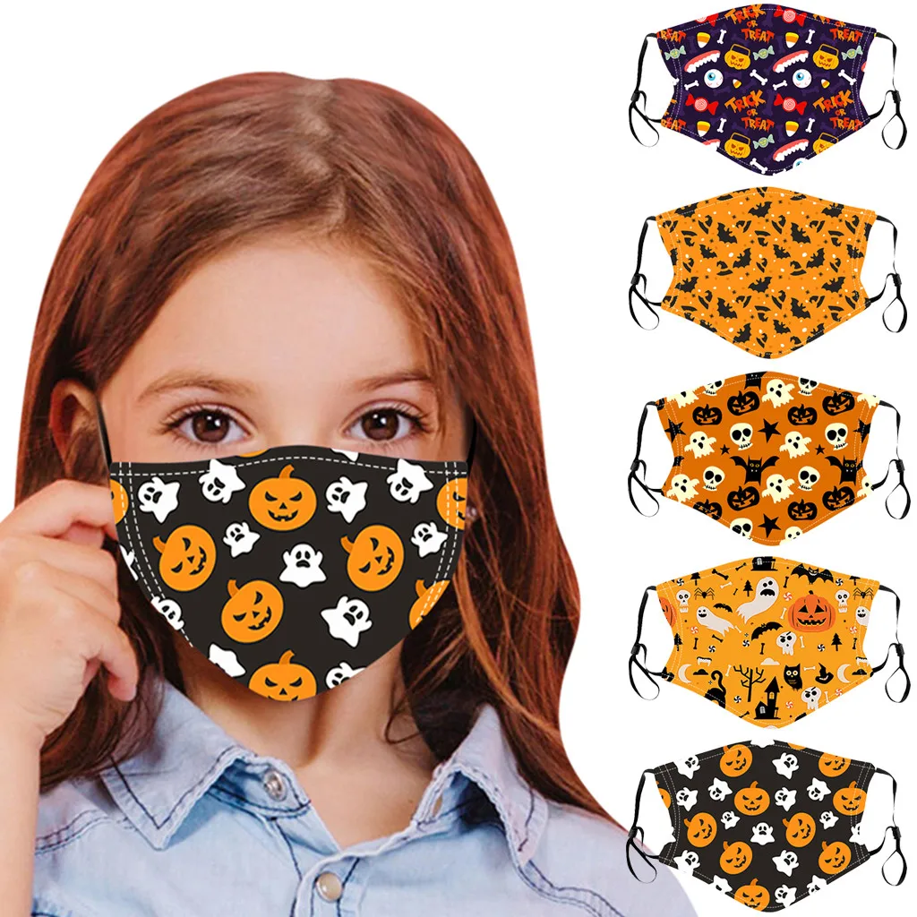 

5pcs Kids PM2.5 dustproof Washable Mask Halloween Printed pattern Mouth Masks for Dust Protection Face Mask Washable Earloop# Z