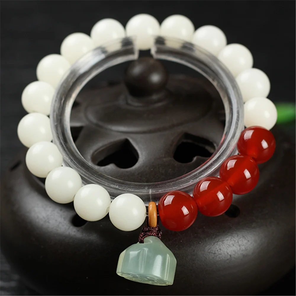 

Charm Jewelry Natural White Bodhi Root Hand Carving Lotus Bracelet Male or Female Red agateSingle Circles Hand String Wholesale