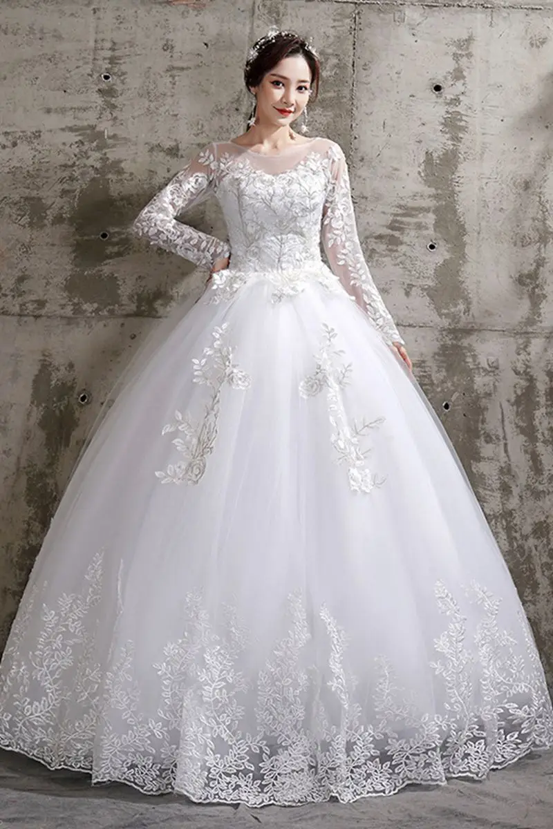

Flower Wedding Dress 2020 New Style Bride Plus Size Flower Wedding Dresses Dreamy Full-sleeve Bridal Lace Up Dresses Ball Gowns