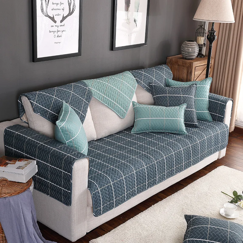 Чехол для дивана в клетку нескользящее хлопковое бежевое полотенце с простым