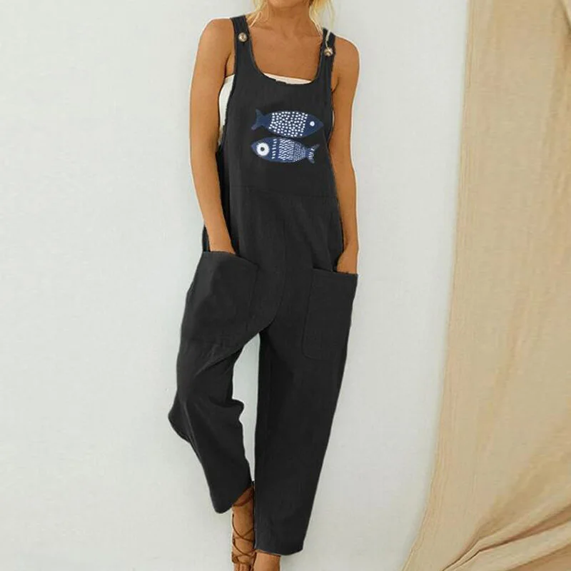 

Cartoon Fish Pattern Buttons Sleeveless Jumpsuit Summer Elegant Cotton Linen Pants Women Bodysuit Plus Size Pocket Casual Romper