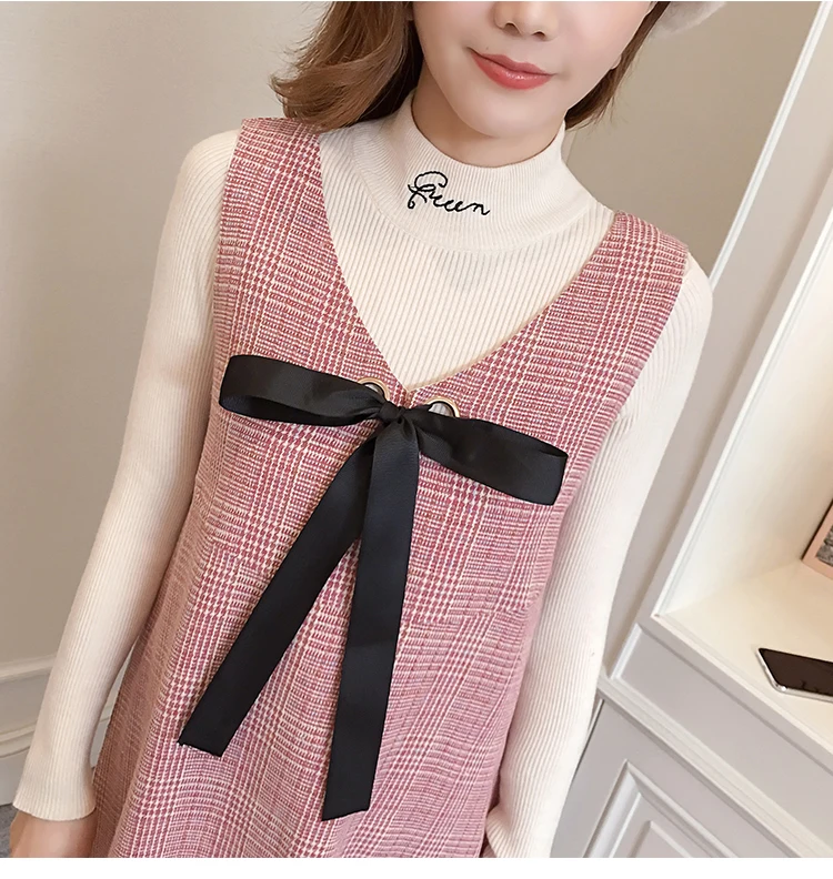 6596# 2PCS/Set Autumn Korean Fashion Maternity Dress Sweet Lovely Straight Loose Clothes for Pregnant Women Fall Pregnancy