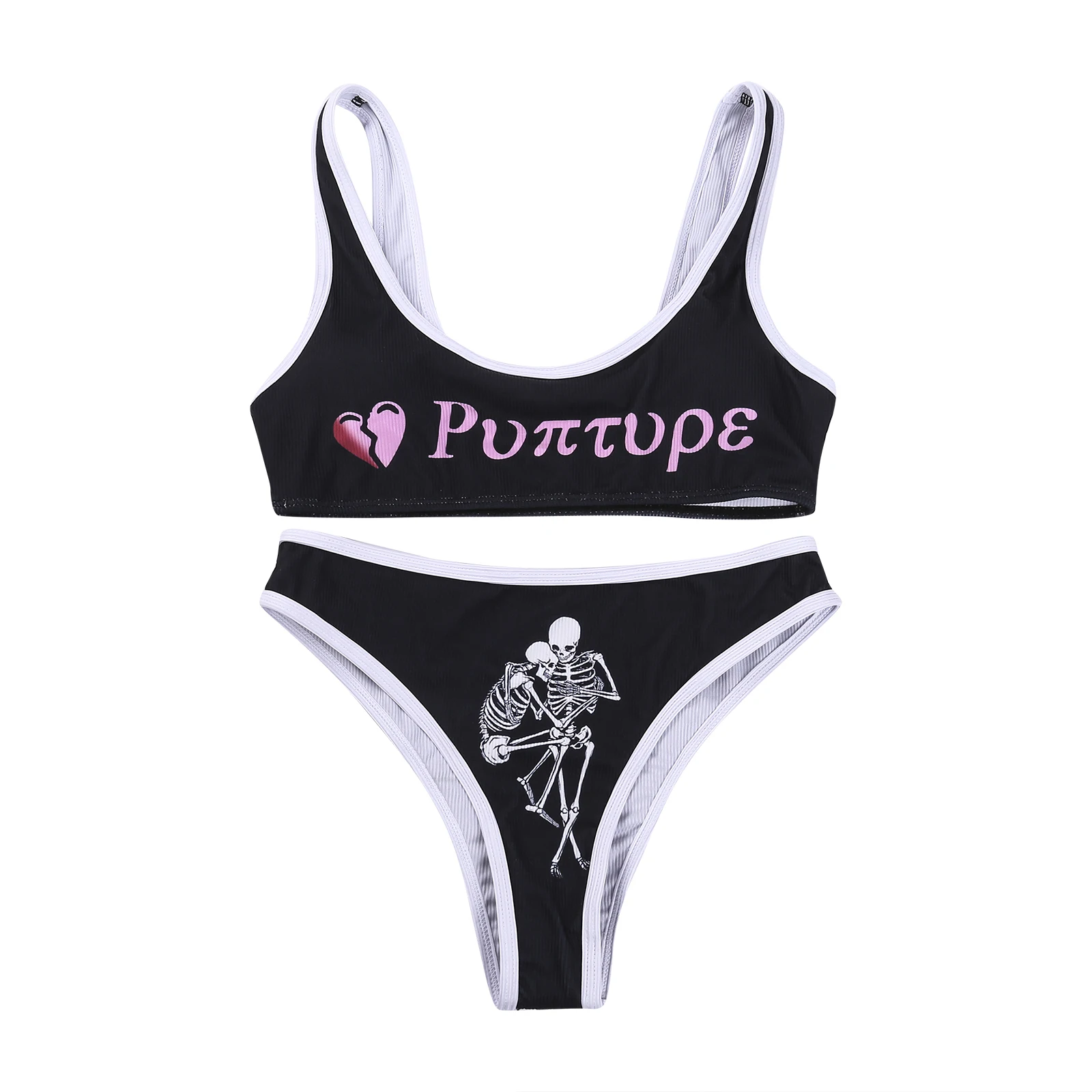 

Hirigin новые женские сексуальные костюмы бикини из двух частей, модные топы на бретелях с надписью и со скелетоном, стринги со средней талией