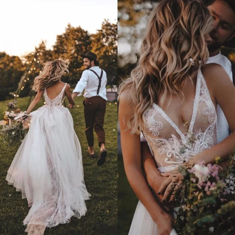 

2021 Sexy Lace Deep V Neck Backless Beach Wedding Dress Tulle Sleeveless Boho Bridal Dresses Vestido De Noiva Floor Length Gowns