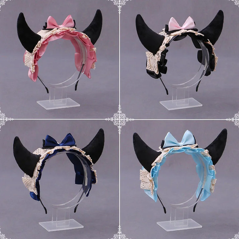 

Gothic Lolita Hairband Cute Devil Horns Ears Headband Maid Lace Bow Bell Headbands Hair Hoop Anime Cosplay Girl Hair Accessories