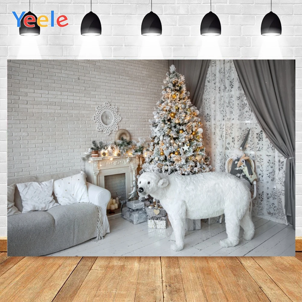 

Yeele Christmas Tree With Balls White Bear Sofa lights Gifts Photo Background Photophone Backdrops for Decor Customized Size