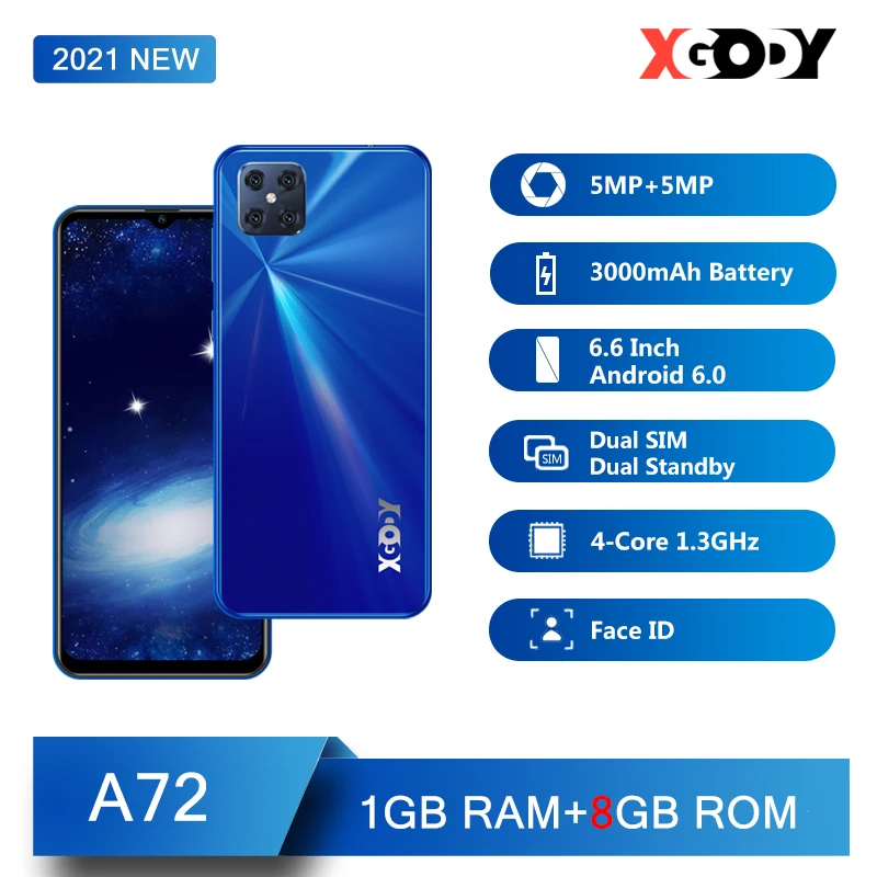 

XGODY A72 3G Smartphone 1GB 8GB Android mobile phones 6.6 inch Unlock Cellphone Face ID 5MP Camera Dual SIM GPS WiFi 3000mAh New