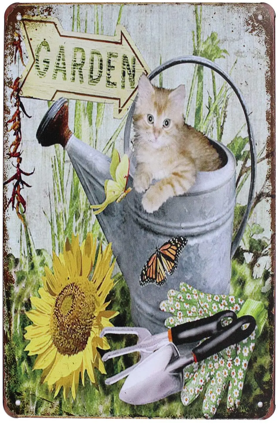 

UOOPAI Cute Cat in The Garden Rural Antique Metal Tin Sign Vintage Wall Decor