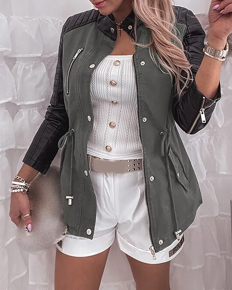 

PU Leather Zipper Design Button Patch Coat