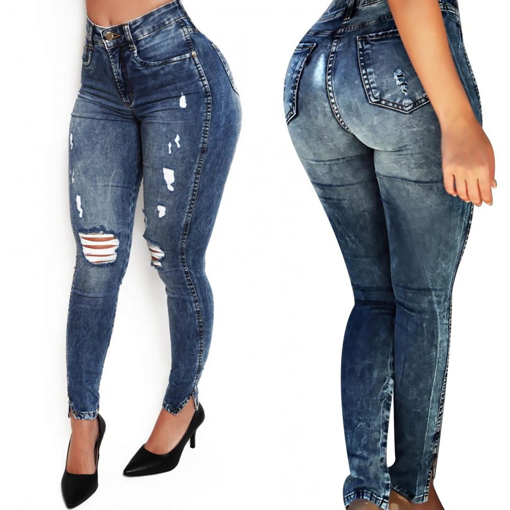 

2020 New Autumn High waist Women Fashion Slim Ripped Hole Denim Pencil Pants Casual Vintage Female Skinny Jeans Trousers D25
