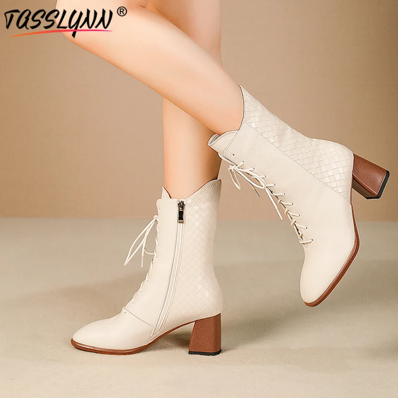 

TASSLYNN 2019 beige Cow Leather Women Shoes lace up Motorcycle Boots for Women square Toe Heel Mid-calf Boots Big Size 34-42