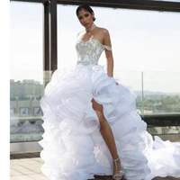 designer split high low wedding dress off the shoulder organza tiers ruffle beach bridal gowns plus size vestido de noiva